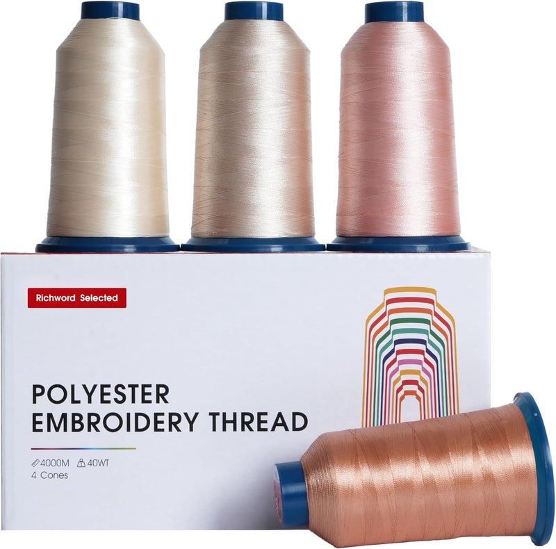 Poolin Richword Selected Embroidery Thread 4 Rolls,Huge Spool 4000M(4374Y) 40WT Polyester Thread for All Commercial Multi Needles and Single Needle Embroidery Machines,4 Flesh Colors - Image 1